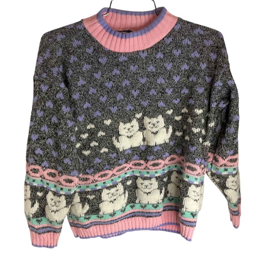 Vintage Sister Be Cool Girls' Heart Kitty Acrylic Made in USA Sweater Size L 14